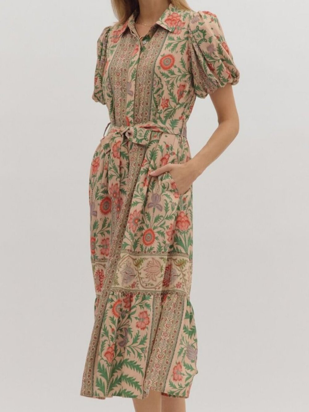 NWT Entro Botanical Print Puff Sleeve Midi Dress in Natural Multi - Picture 3 of 7